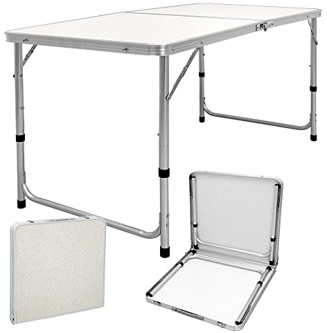 ECD Germany Campingtisch Klapptisch mit Tragegriff 120x60x55/63/70 cm Weiß Creme aus Aluminium und MDF - höhenverstellbar, klappbar - Falttisch Gartentisch Balkontisch Reisetisch Arbeitstisch Tisch