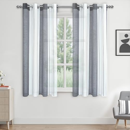 MRTREES Tende da Interno Trasparenti a Righe Bianco e Grigio, 140 x 175 cm (LxA) 2 Pezzi, Tende Voile Moderne con Occhielli per Soggiorno e Camera da Letto, Filo Tinto