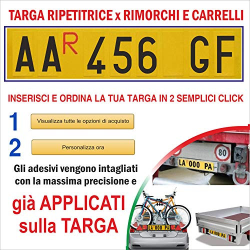 Targa Ripetitrice in Alluminio per rimorchi, Targa carrelli appendici con Lettere e Numeri già applicati - Caratteri misure Omologate con R Rossa Inclusa - Dimensioni 48 x 11 cm