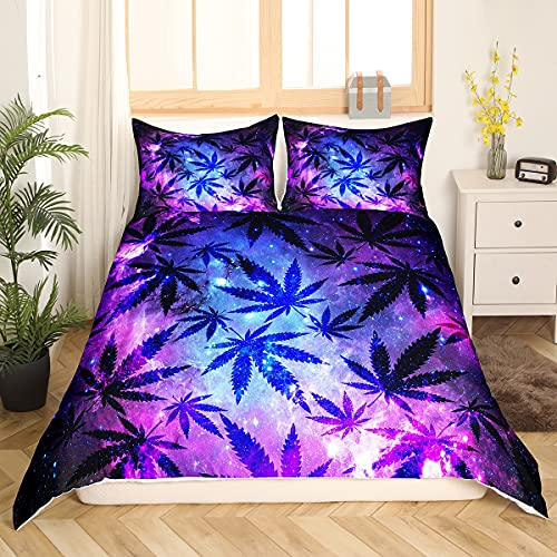 Tbrand Marihuana Blatt Bettwäsche Set 135x200cm Teens Cannabis Galaxy Betten Sets Bettbezug Set mit 1 Kissen Shams Marihuana Weed Blatt Betten Set Sanft Chic Lila Blau Room Decor