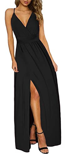 UUAISSO Robe Boho d'été pour Femme Bretelles Spaghetti Col en V Couleur Unie Floral Plage Longue Robe Maxi Noir L