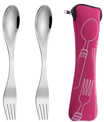 COACOM 2 Pz Forchette E Cucchiai, Borsa Posate, Acciaio Inossidabile, Portatile 2 in 1, Stoviglie Riutilizzabili Leggere Per Campeggi