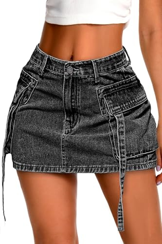 ELLEVEN High Stretch Denim Cargo Skirt for Women, Low Waist Y2K Mini Jean Skirt with Pockets, A-Black Denim, S