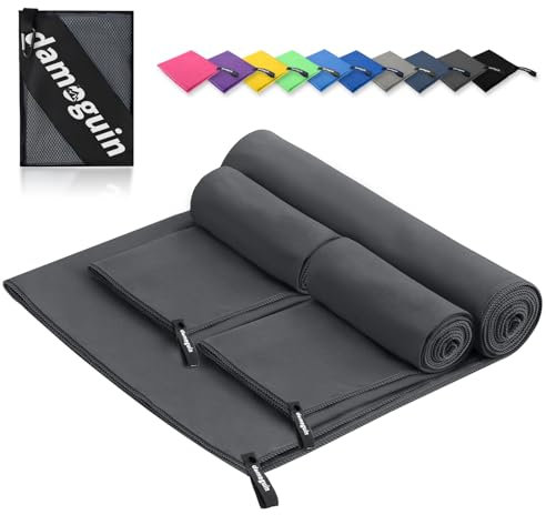damoguin 3er-Set Mikrofaser Handtuch, Groß (180*80cm) & 2 Stück Klein (80*40cm) Schnelltrocknende Microfaser Fitness Handtücher, als Sporthandtuch, Strandtuch, Badetuch und Reisehandtuch (Dunkelgrau)