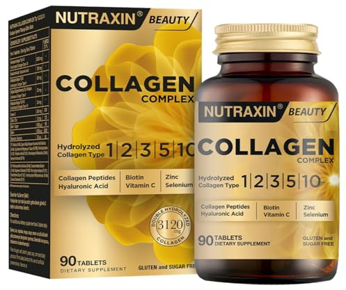 Nutraxin Collagen Complex – Marine Collagen Types I, II, III, V & X with Hyaluronic Acid, Biotin, Vitamin C, Zinc, Copper & Selenium – 90 Tablets – Hair, Skin & Nail Support – Dietary Supplement
