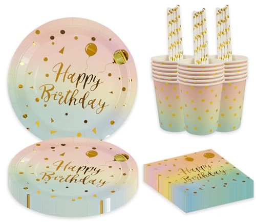 BOKFJBP 80 Stück Geburtstag Party Geschirr Set, Gradient Gold Kinder Wiederverwendbar Liefert Papier Teller Servietten Tassen Strohhalme für Babydusche Hochzeit Deko Junge Mädchen dient 16