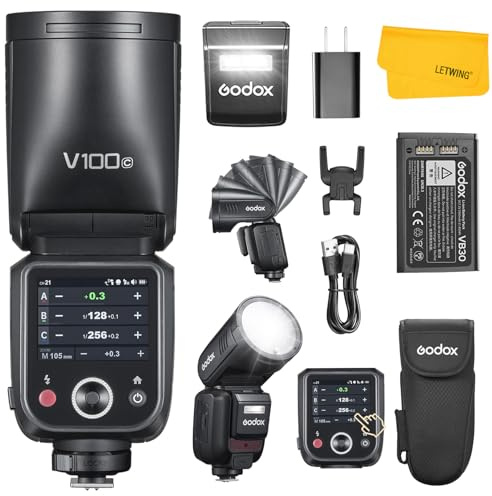 Godox V100C TTL Flash Cobra pour Canon, 100W HSS 1/8000s 2.4G sans Fil Flash à Tête Ronde, Écran Tactile Couleur, 400 Flashs à Pleine Puissance, Temps de Recycle de 1.7s, Speedlite Externe pour Canon