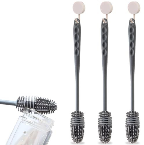 FENQURO 3 cepillos de silicona para botellas, mango largo, de silicona, para limpiar botellas, cepillos de enjuague, cepillo suave para vasos, cepillo de cocina, cepillo de limpieza para botellas