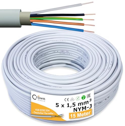 NYM-J 5x1,5mm² Kabel 15m | Feuchtraumkabel für 300V/500V | Elektrokabel 3-Adrig mit PVC Mantel | Ø1,5mm² Stromkabel für Elektroinstallation in Weiß/Grau | Kabellänge am Stück