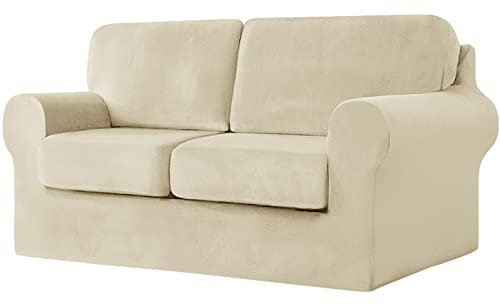 UNBBRRL 5-Piece Stretch Velvet Loveseat Cover, Sofa Slipcovers, 2 Seater Couch Slipcover With Separate Backrests And Cushions Covers With Elastic Band Anti-Slip Furniture Protector (Beige)
