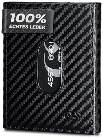 GSG Slim Wallet mit Münzfach RFID-Schutz Klein Geldbörse Herren & Damen Mini Kartenetui Kreditkartenetui Portmonee Leder Portemonnaie Geldbeutel Schwarz(Karbonfaser).
