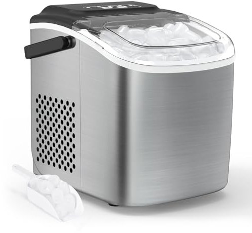 Máquina de cubitos de hielo pequeña de 1,2 litros, minimáquina de cubitos de hielo con función de, ventana de visualización, advertencia de escasez de agua, alarma con hielo (Silver)