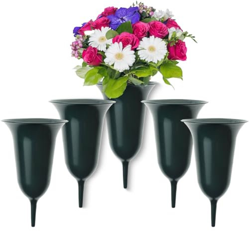 Lot de 5 vases funéraires à planter comme décoration funéraire résistant au gel - Vases de cimetière verts de 30 cm - En plastique résistant aux intempéries - Vase à fleurs à planter comme beaux vases