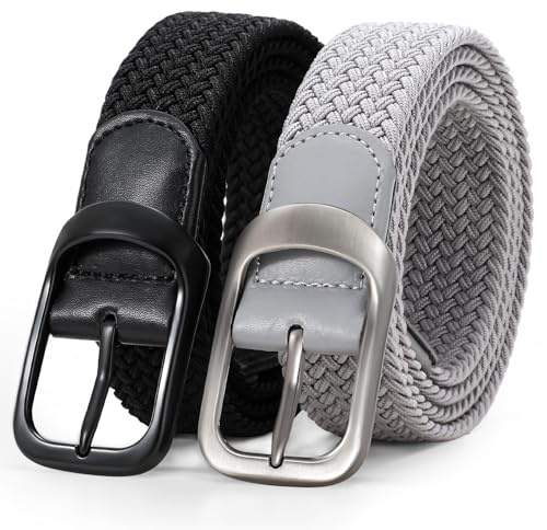 WERFORU 2 Pack Stretch Woven Belts Men's Elastic Braided Belt 1 3/8 Casual Golf Belt for Jeans Pants