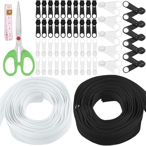 Swpeet 10Rolls 3 Yard #5 Black and White Nylon Zipper Tape Zipper Strip with 50Pcs Pull Head and Scissor, Ruler Kit, Replacement Zipper Roll Endless Zip with Double and Single