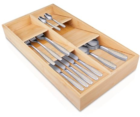 Burkfeeg Cutlery Tray for Drawers, Wooden Cutlery Tray, Kitchen Drawer Organiser Made of Bamboo for Spoons, Forks, Knives