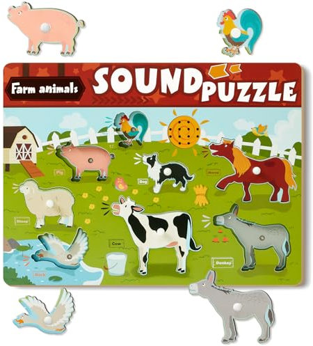 Atoylink Steckpuzzle Holz Spielzeug, Bauernhof Thema Enthält 8 Tiere und Tierrufe, Steckspiel Holzspielzeug Baby, Montessori Puzzle Motorikspielzeug, Holzpuzzle Kinder Geschenk 2 3 4 5 Jahre
