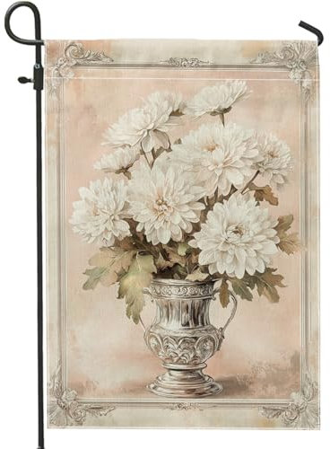 Elegante bandera floral de jardín, diseño de flores de crisantemo blanco, pancarta de decoración del hogar, bandera de arpillera de doble cara para decoración de césped al aire libre de primavera, 12