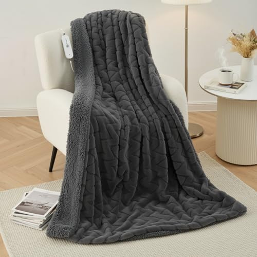 CURECURE Heated Blanket 180x130cm with M-pattern Faux Rabbit Fur, Grey | Luxury Electric Blanket with 4 Heat Settings, 10H Auto Off, Overheat Protection, Fast Heat, Machine Washable