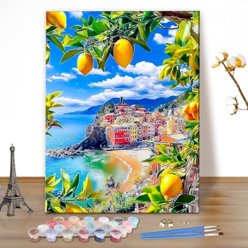 MEIYUDA Pintar por Numeros Adultos Limón Seaside, DIY Cuadro al óleo con Números, Kit de Pintura al óleo Digital para Adultos de Lienzo, Decoración para el Hogar 40x50cm(sin marco)