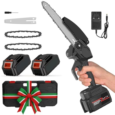 Mini motosierra con 2 baterías de 12000 mAh, AIOMEST Electric, motosierra eléctrica de 8 pulgadas, pequeña 800 g, minimotosierra de mano, 2 cadenas de repuesto, sierra de cadena manual, tijeras de