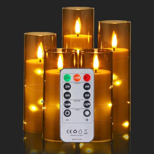 Oyajia Led Flameless Candles,Battery Operated Flickering Candles Pillar,Gold Glass Effect with Remote Timer,Five Size Electric Candles Creating an Atmosphere for Dinner,Light Up The Room,Gray