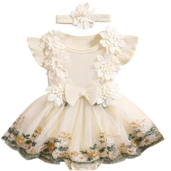 Springcmy Baby Girl Lace Tulle Romper Tutu Dress Ruffle Sleeve Flowers Bodysuit Summer Overall Party Mesh Skirt Hem Headband 2Pcs Outfit (Ab Apricot, 0-3 Months)