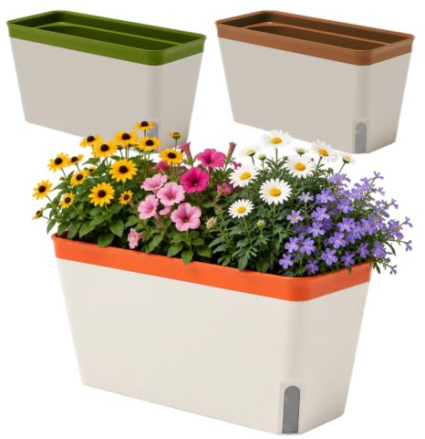 Wapasezyar 3 stycken självvattnande blomkrukor, 27 cm blomlåda balkong, rektangulär balkonglåda, blomlåda, örtkruka med jordbevattningssystem, för kök balkong fönsterbräda