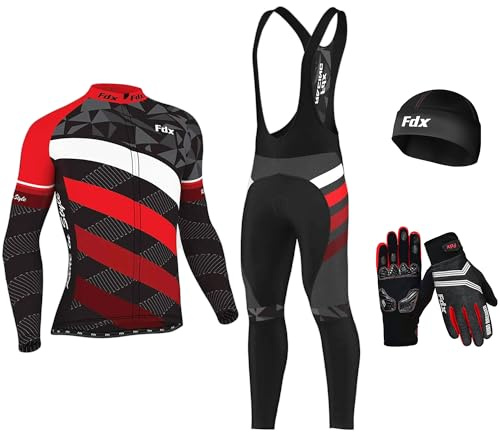 Fdx Traje de ciclismo de invierno para hombre con guantes, calcetines – italiano térmico Roubaix a prueba de viento Equin Cycle Clothing Set – Jersey de manga larga, babero acolchado 3D apretado para