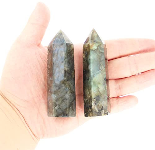 Varitas de cristal de Labradorita, 2 varitas de cuarzo Labradorita de 8 cm a 9 cm, torre de Labradorita, cristal curativo de cuarzo Labradorita y piedras, embalaje de caja de regalo