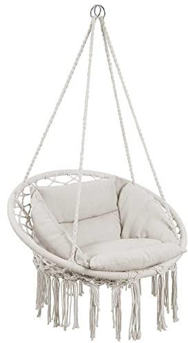 Bakaji Poltrona Sospesa da Esterno Giardino in Corda di Cotone Sedia Dondolo Pensile Amaca Terrazzo Campeggio con Struttura Circolare in Acciaio Seduta Imbottita Cuscino Design Moderno (Beige)