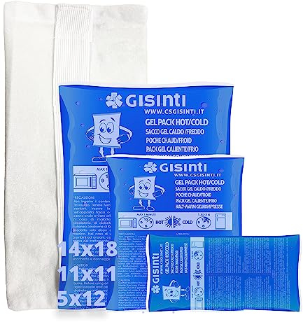 Gisinti Kit de hielo de gel reutilizable caliente y frío, fabricado en Italia, bolsa para congelador y microondas + bolsa de tela (3 unidades medianas y pequeñas)