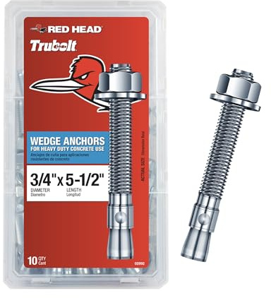 Red Head TruBolt® 3/4 x 5-1/2 Inch Wedge Heavy-Duty Concrete Anchors, 10 PCS, Versatile Threaded Design for Fastening into Solid Concrete with 360-Degree Contact, Stainless Steel