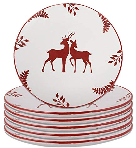 Dinner Plate Set of 6 - Hand Painted Red & White Reindeer Stoneware Crockery Dishwasher & Microwave Safe Christmas Reindeer Dinnerware Set