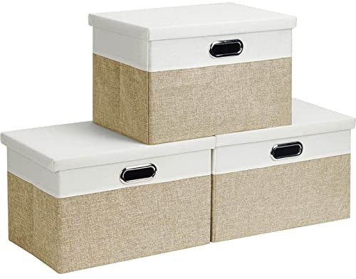 Febzoce Storage Boxes with Lids, Storage Baskets for Shelves Foldable Fabric Storage Bins Organizer for Home and Office Light Brown and White Small 33 x 22 x 18 cm 3 Pack