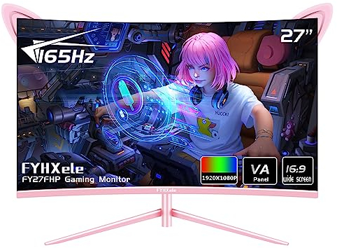 FYHXele FY27FHP Pink 27 Inch Curved Gaming Monitor 165Hz - VA Screen 144Hz 1800R 1ms 1920x1080P, Built-in Speakers, AMD Free-Sync, HDMI, DP, USB, AUX, Adjustable Tilt