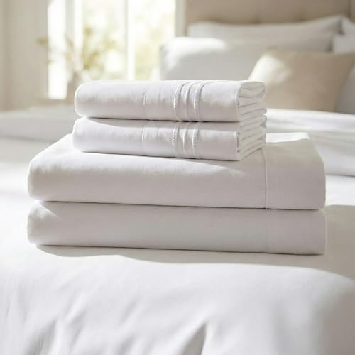 Mellanni Twin Sheet Set - 4-Piece Iconic Collection Bedding, (Including 2 Pillowcases), 16-Inch Deep Pocket, Easy Care, Extra Soft, Cooling Sheets, Brushed Microfiber - White