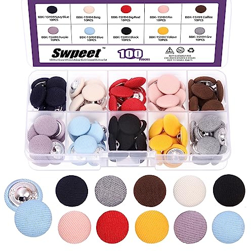 Swpeet 100 Unidades de 10 Colores de Tela de 15 mm Cubierto de Metal Con Botones Redondos, Perfecto para Vestido de Novia, Blusa de Satén y Vestido de Baile