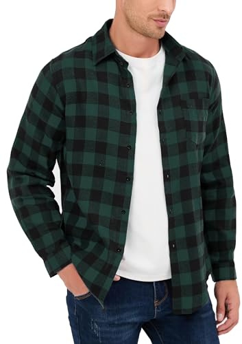 Yukiuiny Camicia Flanella a Quadri 100% Cotone per Uomo Maniche Lunghe - Blusa Casual con Chiusura a Bottoni(Verde Nero,L)