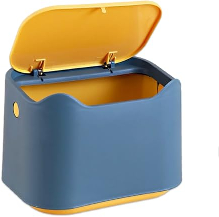 Desk bin trash can with lid, Mini Portable Table Waste bin Desktop Dustbin for Home Living Room Kitchen Bathroom Office Car Indoor Small trash can (Blue & Yellow) (Blue & Yellow)