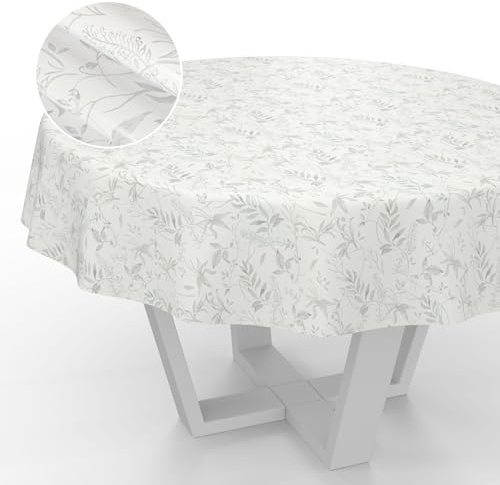 Nappe en Toile cirée, Lavable, Ronde, pour Table de Jardin, extérieur et intérieur, Bord coupé, Motif Feuilles, Grise, 140 cm