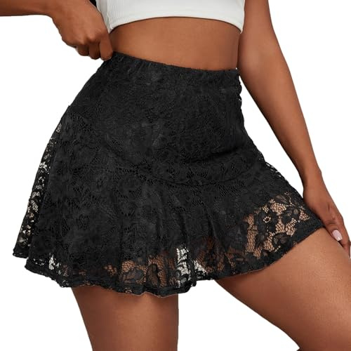 PAIDAXING Jupe Mini Plissés à Volants en Dentelle Florale Y2k pour Femme - Style Bas de Gamme Décontracté - Ourlet Irrégulier - Ligne A - Jupe Courte Sexy pour Club et Streetwear Esthétique, 01 - Noir