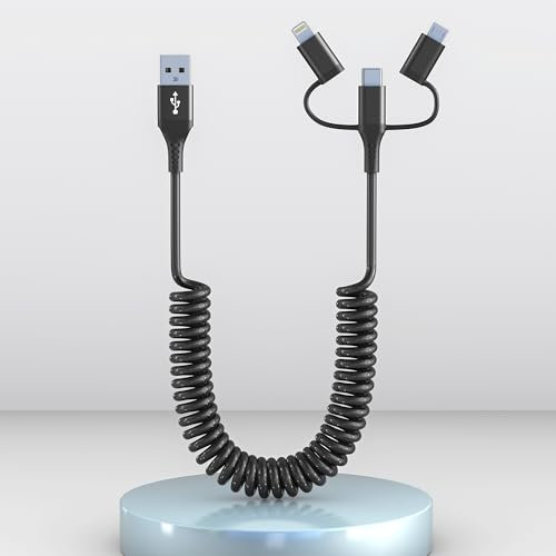 Coiled Multi Charging Cable 3-in-1,USB to Lightning/Type C/Micro USB Phone Car Charger Cord,Compatible Apple Carplay & Android Auto,MFi Certified & Data Sync for iPhone 16 15 14 13 Android Samsung