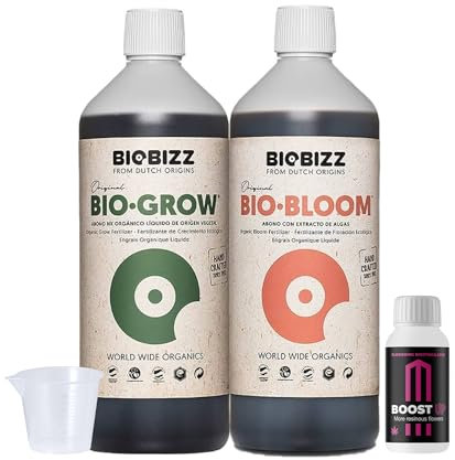 GROWMANIA Engrais bio Bloom et Bio Grow Biobizz 1 l + échantillon Boost Up Nutrients + Verre doseur | Engrais liquide pour plantes et cultures | Stimulation de la croissance