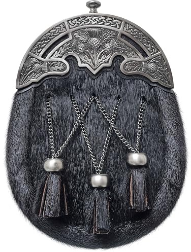 Scottish Full-Dress Kilt Sporran for Men – Black Fur with Antique Pewter Thistle Cantle and Leather Chain Belt – Handcrafted Traditional Highland Accessory