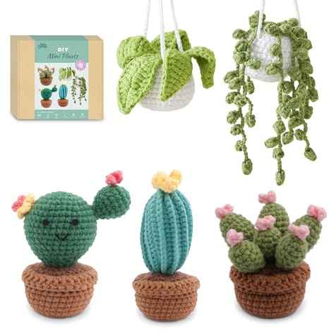 HOUSE CREATIVITY Crochet Plant Kit for Beginners – Mini Succulent & Cactus Garden (5 Plants), Amigurumi Crochet Starter Kit with Video Tutorial, Yarn & Pots, Cute Desk Decor DIY Craft Gift