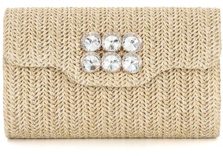 Ynport Crefreak Bolsos de Mano de paja para Mujer - Bolso de Playa de Verano Bolso Bandolera de Rafia Bolso de Mano de Sobres Tejidos de Noche con Diamantes para Bodas Formales