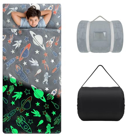 Sac de Couchage Lumineux pour Enfants avec Oreiller Amovible, Tapis de Sieste Pliable pour Filles et Garçons, Couverture de Sieste avec Double Fermeture Eclair pour Camping Ecole Garderie, Astronaute