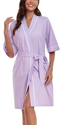COLORFULLEAF 100% Cotton Women's Lightweight Dressing Gown Short Summer Bathrobe Thin Kimono Robe Soft 3/4 Sleeve Loungewear
