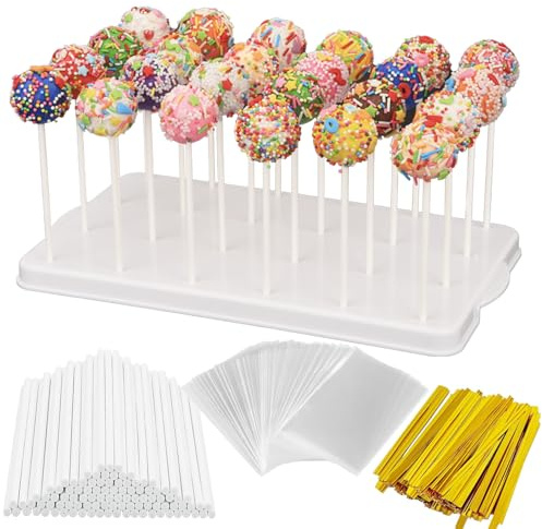 UCBAT Cake Pop Stand Kit, 24 Holes Lollipop Display Holder with 100 Pcs Cake Pop Sticks, 100 Pcs Wrappers Bags, 100 Pcs Gold Twist Ties (White)